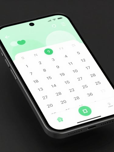 Sleek high-fidelity Android device mockup displaying a clean minimalist calendar app interface with soft green accents, floating on a dark background