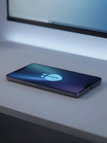 Sleek minimalist home workspace desk overhead flat-lay, soft ambient screen glow from an Android device, cool-toned evening light, macro depth of field