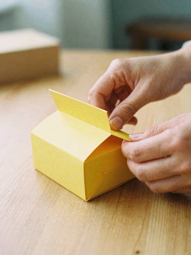 Close-up of artisan hands carefully folding a structured saffron-colored paper box on a clean wooden table, soft diffused morning light, 35mm film