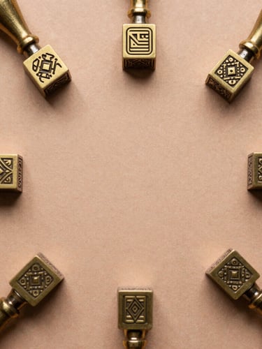 Overhead flat-lay of heavy-milled clay-colored paper sheets, brass foil-stamping dies with geometric South Asian motifs, soft natural side-light, desaturated saffron tones