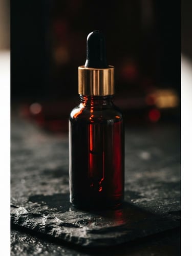 Moody product photography of a premium dark glass dropper bottle with gold lettering, placed on a dark slate background, dramatic side lighting with rich wine red reflections, macro lens, 35mm