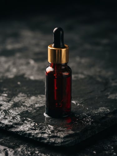 Premium dark glass vial with a gold dropper, resting on a wet dark slate surface, dramatic side lighting from the left, rich wine red reflections, 35mm photography