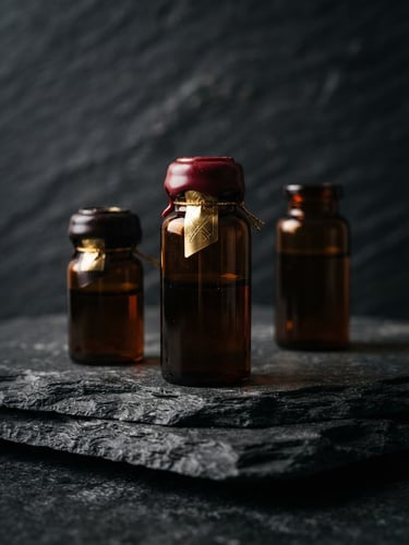 Minimalist amber vials on a dark slate background, dramatic side-lighting highlighting rich wine red and gold packaging accents, macro lens, 35mm