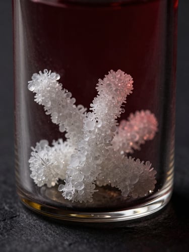 Macro shot of pure white crystalline peptide structures inside a dark glass vial, moody dramatic lighting with deep wine red shadows, high contrast