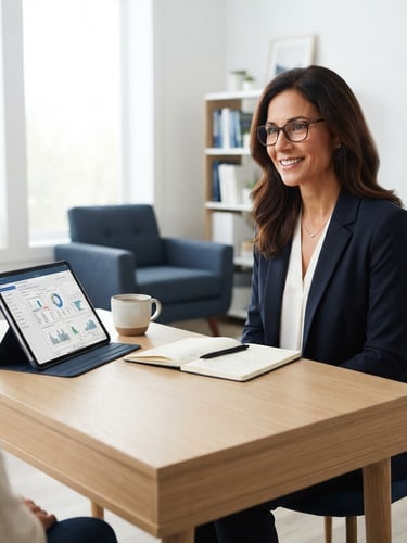 A professional counselor sitting at a clean minimalist desk with official MCC documentation charts visible on a tablet screen, bright natural daylight, clinical white and deep navy tones
