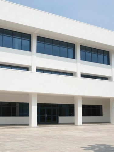 Architectural eye-level shot of a modern Indian medical campus facade, clean concrete lines, bright natural daylight, clinical white tones, ample negative space