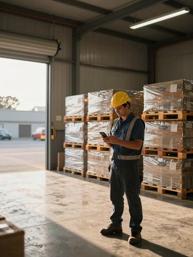 Wide shot of a loading dock interior at golden hour, a warehouse worker checking a smartphone screen in the foreground, crates and pallets stacked behind, natural light streaming through the bay door from the left
