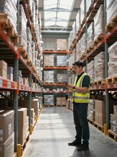 Wide warehouse interior shot from the left edge: tall metal shelving racks with visible pallets and inventory boxes, a warehouse coordinator mid-aisle holding an Android phone, natural daylight streaming from a high clerestory window, floor labels visible underfoot