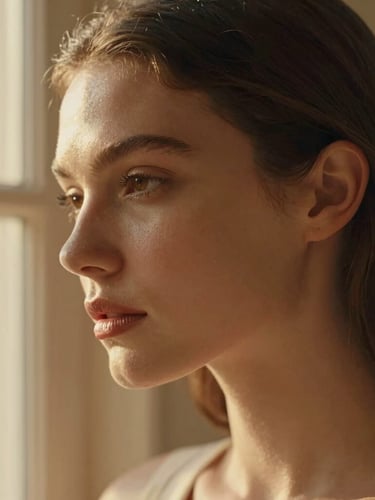 Close-up shot of glowing, natural skin texture on an elegant model, soft cinematic golden-hour window light, warm champagne tones, shallow depth of field, 35mm
