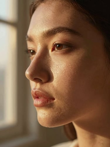 Macro close-up of a model with glowing, natural skin texture, warm cinematic golden-hour window light casting soft shadows, rich champagne and bronze tones, shallow depth of field.