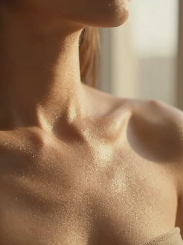 Close-up of glowing, luminous skin texture under cinematic golden-hour window light, soft warm champagne tones, shallow depth of field, 35mm