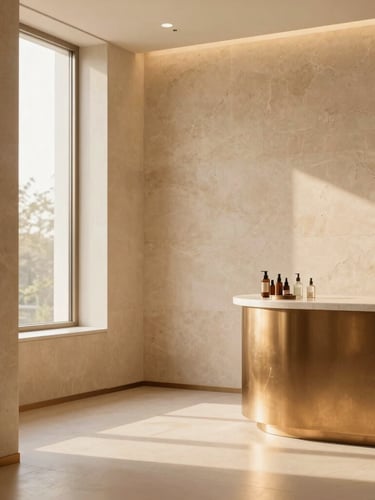 Wide environmental shot of a serene luxury clinic interior, natural stone walls, bronze accents, soft warm golden-hour lighting, minimalist and expensive-looking, 35mm