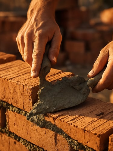 Close-up of hands working with raw terracotta bricks and mortar, warm sunlight illuminating the texture of the materials, authentic documentary style