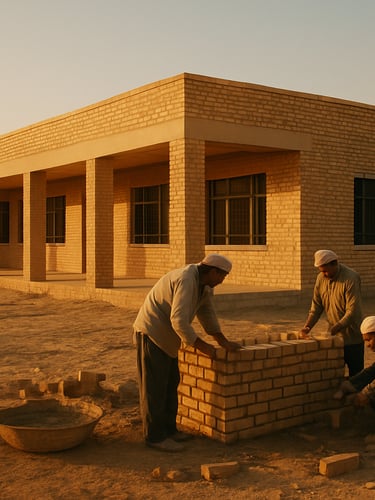 Wide environmental shot of a newly constructed community school in the Middle East, warm golden-hour light casting long shadows, local builders putting finishing touches on the masonry, authentic 35mm photography