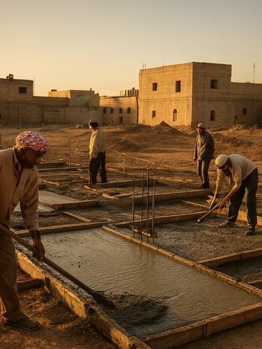Wide environmental shot of an active community construction site in the Middle East, local builders laying concrete foundations under warm golden-hour sunlight, 35mm documentary photography style