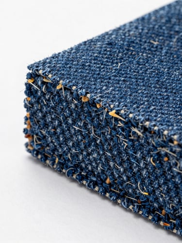 Macro photograph of a cross-section of a dense denim-fiber composite panel, showing compressed blue and indigo fibers fused together, studio lighting, sharp focus on the raw textured edge.