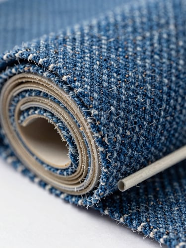 Extreme close-up macro shot of STACK composite material showing compressed blue denim fibers, crisp studio lighting, architectural surface texture.
