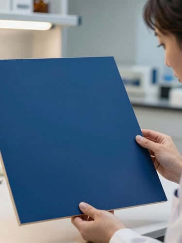 A focused industrial designer examining a large blue composite panel in a clean material science laboratory, soft directional lighting.
