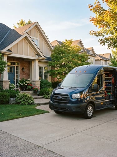 Bright editorial photography of a clean service truck parked outside a neat suburban home, warm morning light, sharp focus, 35mm