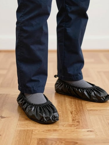 Close-up of a technician in a clean navy uniform wearing protective black shoe covers on a hardwood floor, bright home lighting, sharp focus