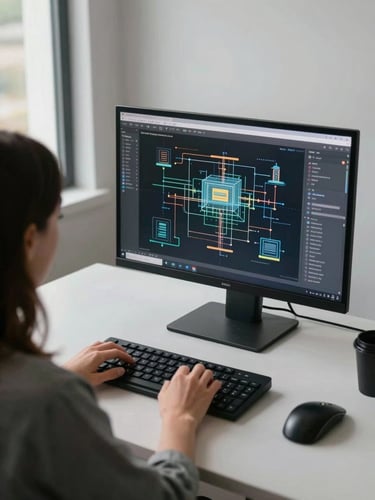 Over-the-shoulder wide shot of a woman at a sparse desk, monitor displaying an infrastructure diagram, natural office daylight from the left, hands resting on keyboard, minimal workspace, cool tones