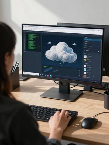 Over-the-shoulder view of a developer's monitor displaying a cloud infrastructure dashboard, green terminal output visible, sparse desk, bright shadowless office daylight from the left