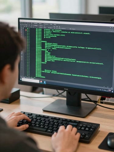 Over-the-shoulder view of a developer at a wide monitor displaying a terminal with green text output, sparse desk, bright office daylight, close framing on keyboard and screen edge