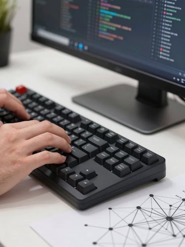 Close-up of fingers on a mechanical keyboard with a code editor open on a dark monitor behind, architectural network diagram sketched on paper beside the keyboard, bright flat office light