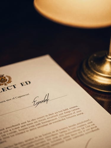 Close-up of signed property deeds and legal documents under a warm brass desk lamp, shallow depth of field, moody editorial photography, deep navy and gold tones.