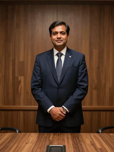 Dignified legal counsel in formal attire standing in a quiet, wood-paneled Gurugram consultation room, warm low-key directional lighting, 35mm editorial photography.