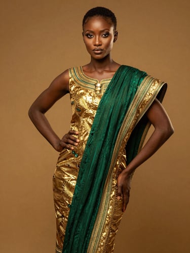 Warm editorial portrait of a Guinean model in contemporary emerald and gold attire, majestic pose, rich golden-hour studio lighting, 85mm focus
