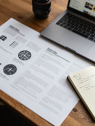 Close-up overhead flat-lay of a brand project in progress — printed layouts, a notebook open to handwritten notes, and a laptop screen showing design work, all on a warm oak desk under diffuse north-facing daylight