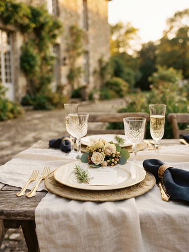 Elegant close-up of a high-end outdoor table setting at a historic Norman château, golden hour light, soft linen, crystal glasses, cream and gold tones, 35mm photography