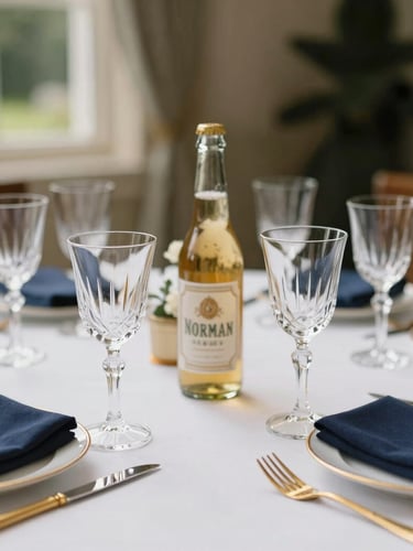 Close-up of an elegant table setting at a Norman estate, crystal glasses, golden cutlery, local cider bottle, soft daylight, shallow depth of field