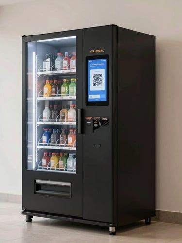 Sleek modern matte black vending machine in a bright, minimalist Ouagadougou corporate lobby, warm morning light reflecting off its touch screen showing a QR code, professional setting