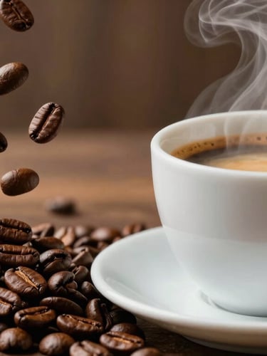 A vertical portrait of raw and roasted coffee beans cascading next to a steaming cup of espresso, warm lighting emphasizing the rich brown tones