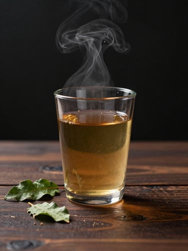 Une tasse en verre minimaliste contenant un thé ambré fumant, posée sur un comptoir en bois sombre, quelques feuilles de thé vert fraîches à côté, éclairage chaleureux de studio.