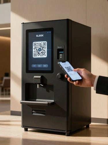 Sleek matte-black coffee vending machine standing in a sunlit, modern corporate lobby. A professional's hand holds a smartphone, scanning a clear, glowing QR code on the machine's digital screen. Warm amber lighting, high-contrast geometric composition.