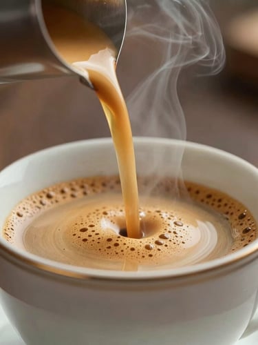 Close-up of a premium porcelain cup being filled with rich, steaming espresso with perfect golden crema, warm side lighting, soft focus background.