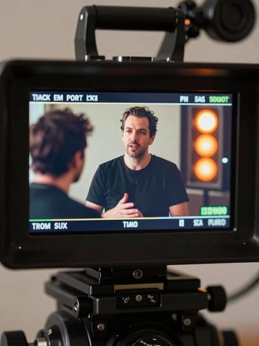 Tight macro shot of a high-end cinema camera monitor showing a client being interviewed, high-contrast studio lighting, orange tally light glowing