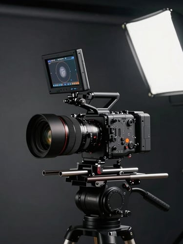 Cinematic high-end camera rig on a professional studio set, dramatic high-contrast key lighting with subtle safety orange status lights visible on the monitor, dark slate background.