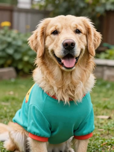 A happy fluffy golden retriever wearing a colorful custom-fit teal shirt looking directly at the camera, bright natural daylight, outdoor garden setting