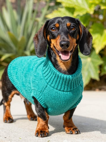 Vibrant pet photography, a happy dachshund wearing a perfectly fitted colorful teal knitted sweater, bright natural daylight, outdoor garden setting, eye-level shot.