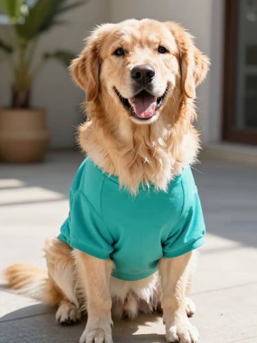 A happy golden retriever wearing a vibrant teal pet shirt, sitting in bright natural daylight on a sunny patio, looking directly at the camera, joyful mood.