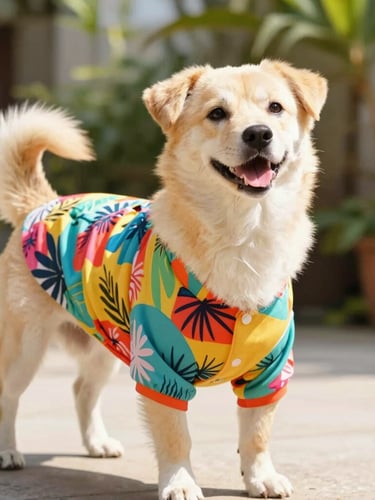 A cheerful happy dog wearing a vibrant, colorful tropical print pet shirt, standing proudly in bright natural daylight, warm outdoor garden background, shallow depth of field, 35mm lens