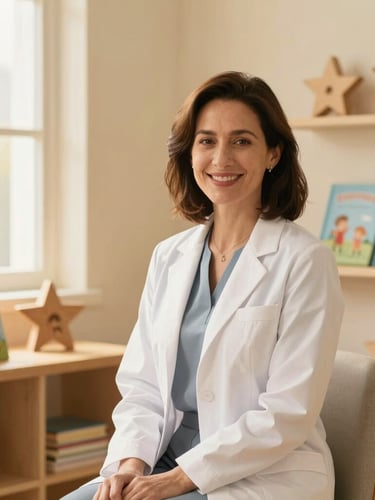 Warm professional portrait of a smiling female psychologist in a cozy cream-toned room with children's books and wooden stars on shelves, soft golden window light, editorial style.