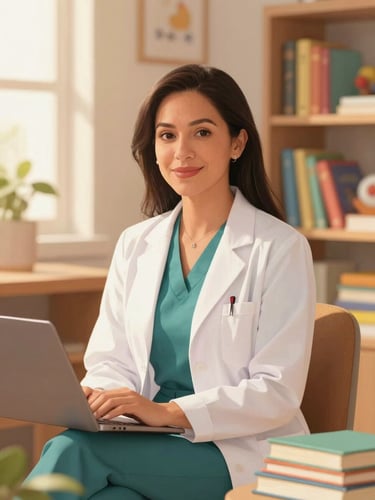 Warm portrait of a Latina female psychologist in a bright, cozy study filled with children's books, soft golden hour lighting, friendly and authoritative.