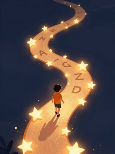 Warm whimsical illustration of a child walking along a glowing path of stars and letters, soft ambient lighting, deep navy and orange accents, clean details.