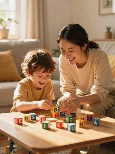 Cozy sunlit living room where a mother and her young son are laughing and playing a word game with colorful wooden blocks, warm golden hour light