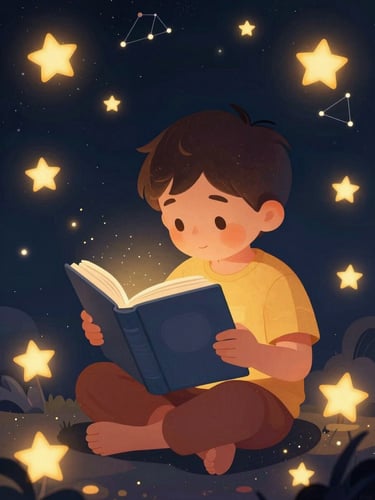 Ilustración infantil de alta calidad de un niño leyendo un libro gigante bajo la luz de las estrellas, rodeado de constelaciones brillantes, estilo mágico y tonos cálidos.